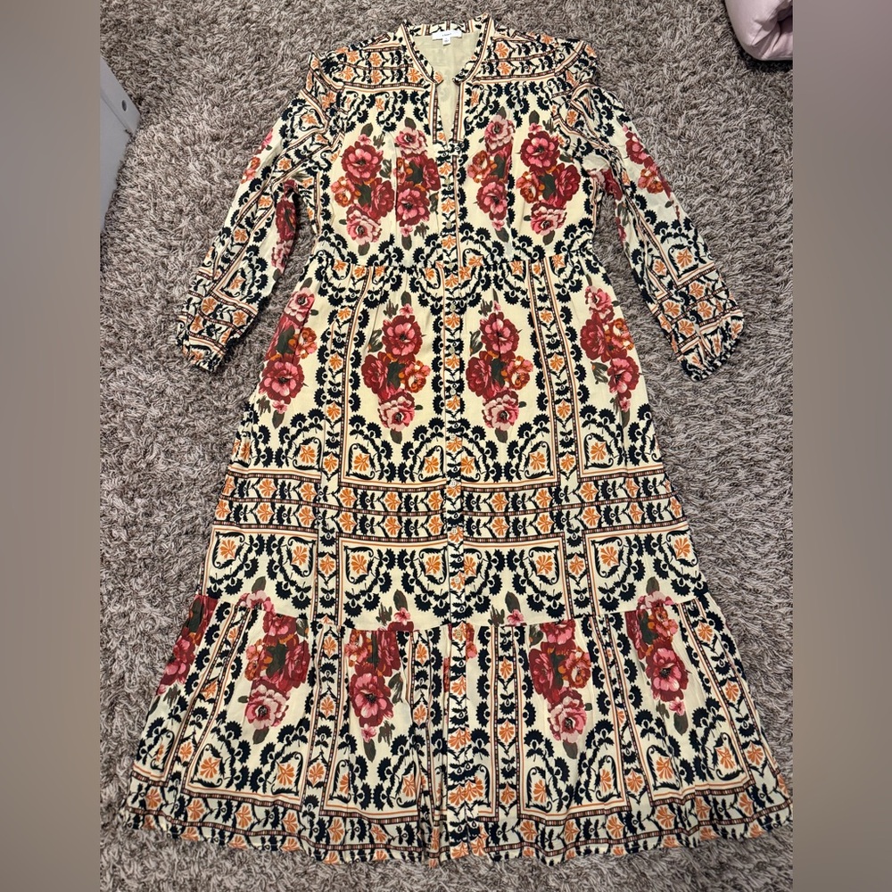 Women's Floral Maxi Dress in Cream with Pink Roses - Picture 10 of 14